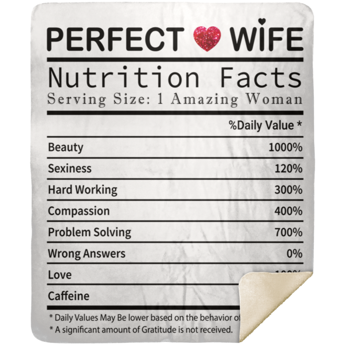 50% OFF SALE - PERFECT WIFE NUTRITIONAL FACTS BLANKET - COZY FLEECE/PREMIUM SHERPA BLANKET