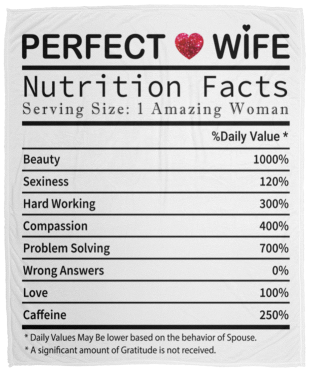 50% OFF SALE - PERFECT WIFE NUTRITIONAL FACTS BLANKET - COZY FLEECE/PREMIUM SHERPA BLANKET