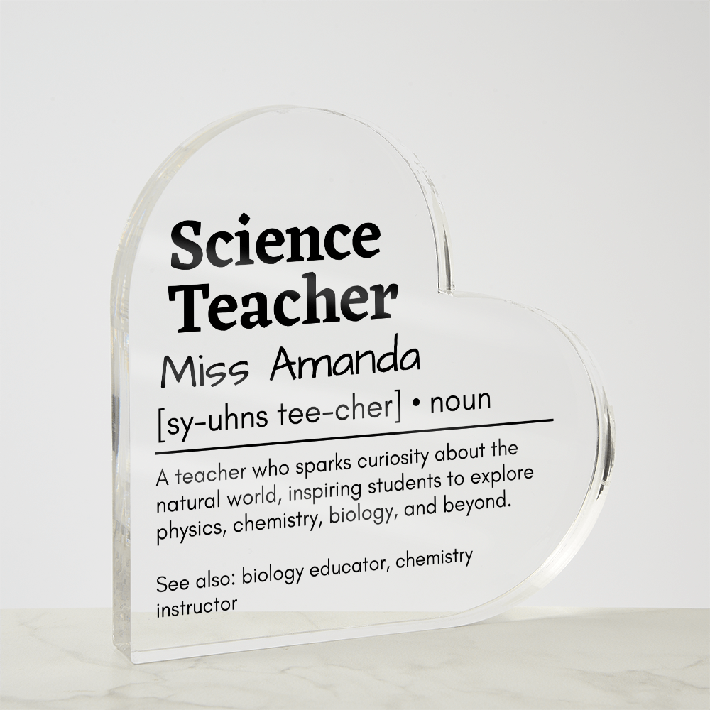 Personalized Science Teacher Printed Heart Shaped Acrylic Plaque