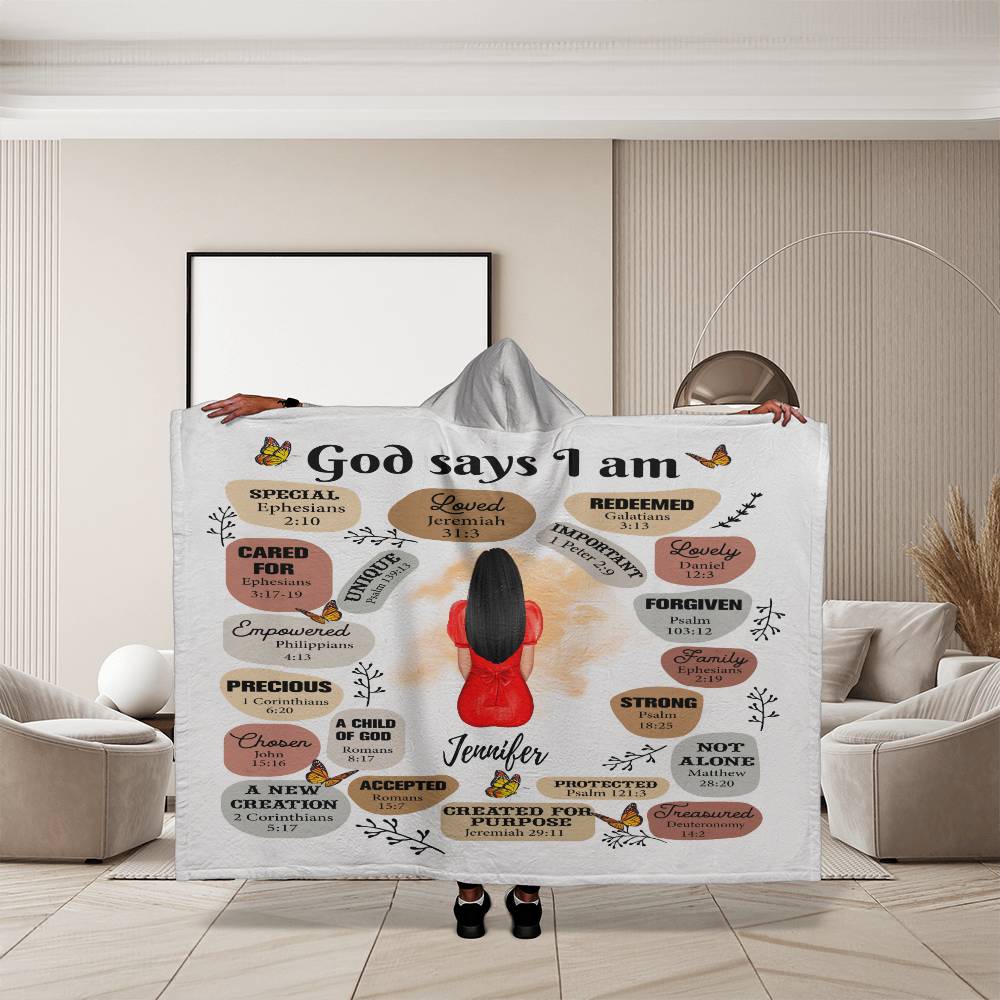 Customized God Says I Am Hooded Sherpa Fleece Blanket