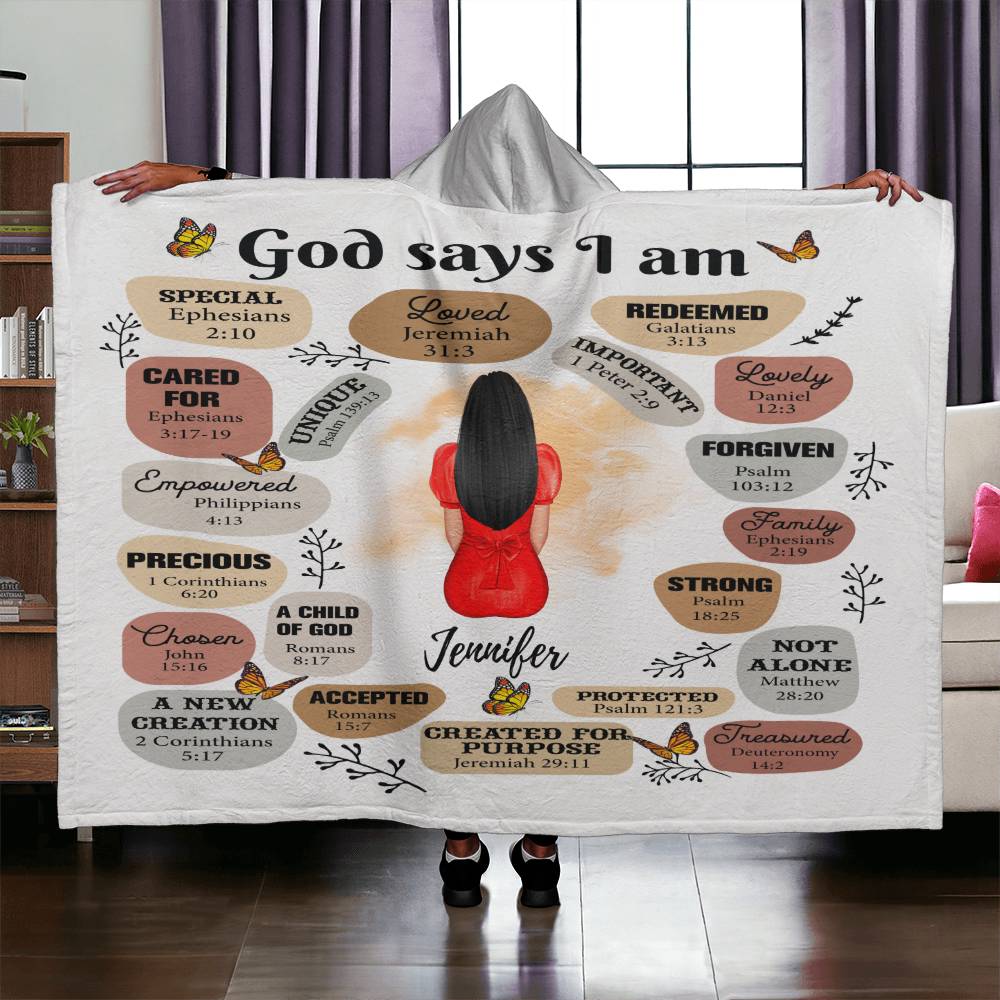 Customized God Says I Am Hooded Sherpa Fleece Blanket