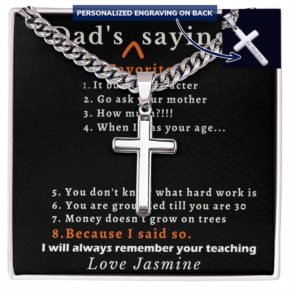 Personalized Dads Favorite Sayings Gift - Cuban Chain Necklace with Cross