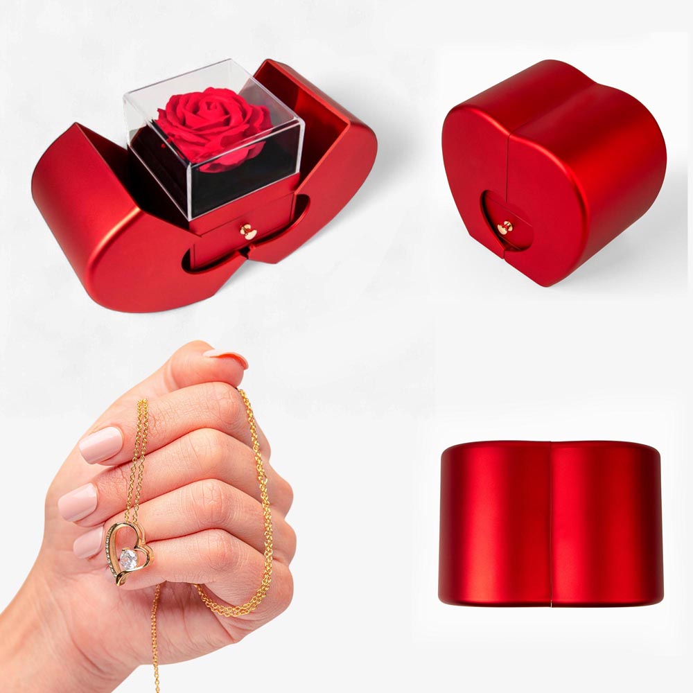 Red Heart Rose Box With Forever Love Necklace