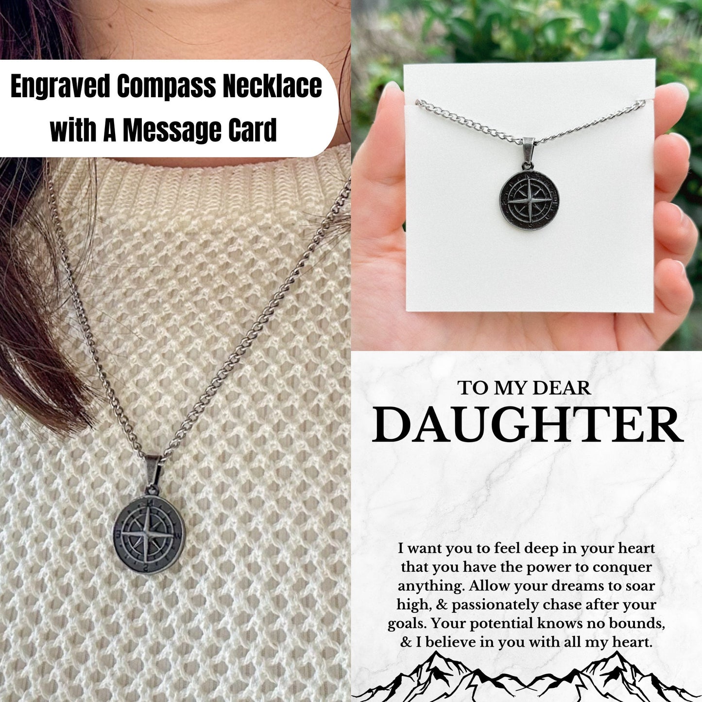 Personalized To My Daughter Compass Necklace, Encouragement Gift For Daughter, Granddaughter, Goddaughter, Niece & Sister, Birthday Gifts