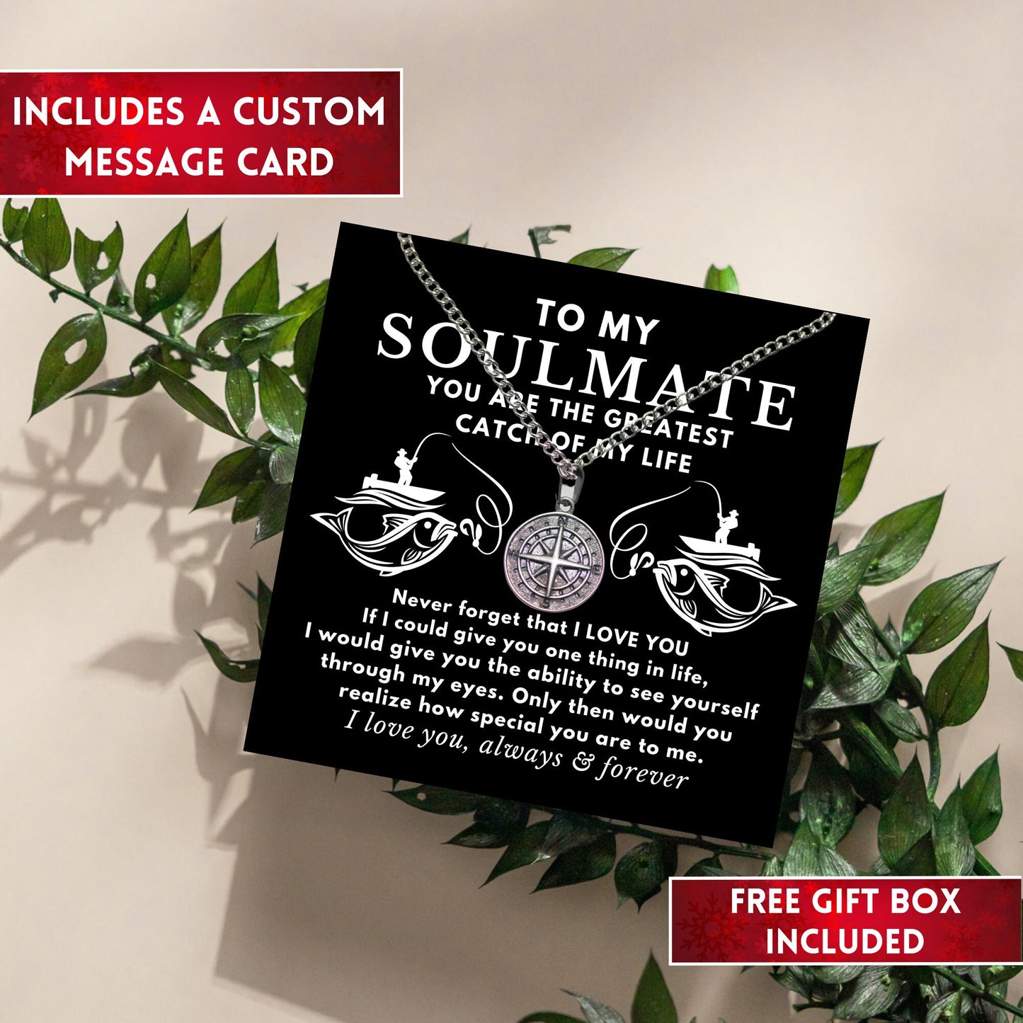 To My Soulmate Engraved Compass Necklace, Greatest Catch Valentine's Day Fisherman Gift, Long Distance Gift, Fishing Gifts For Men