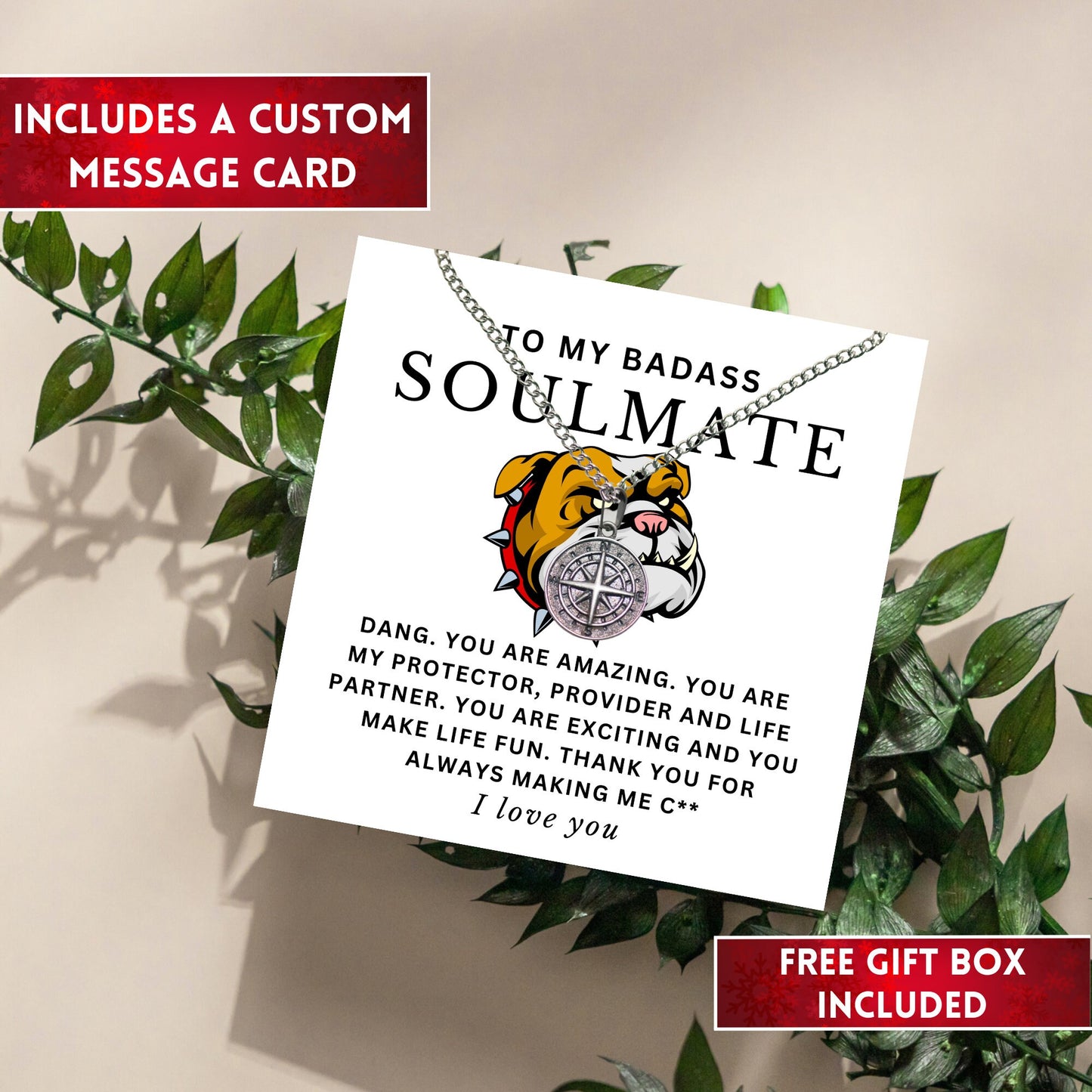 Valentines Day Soulmate Necklace, Engraved Compass Necklace Bulldog Gifts, Promise Necklace For Him Gift From Girlfriend, Fiance & Wife