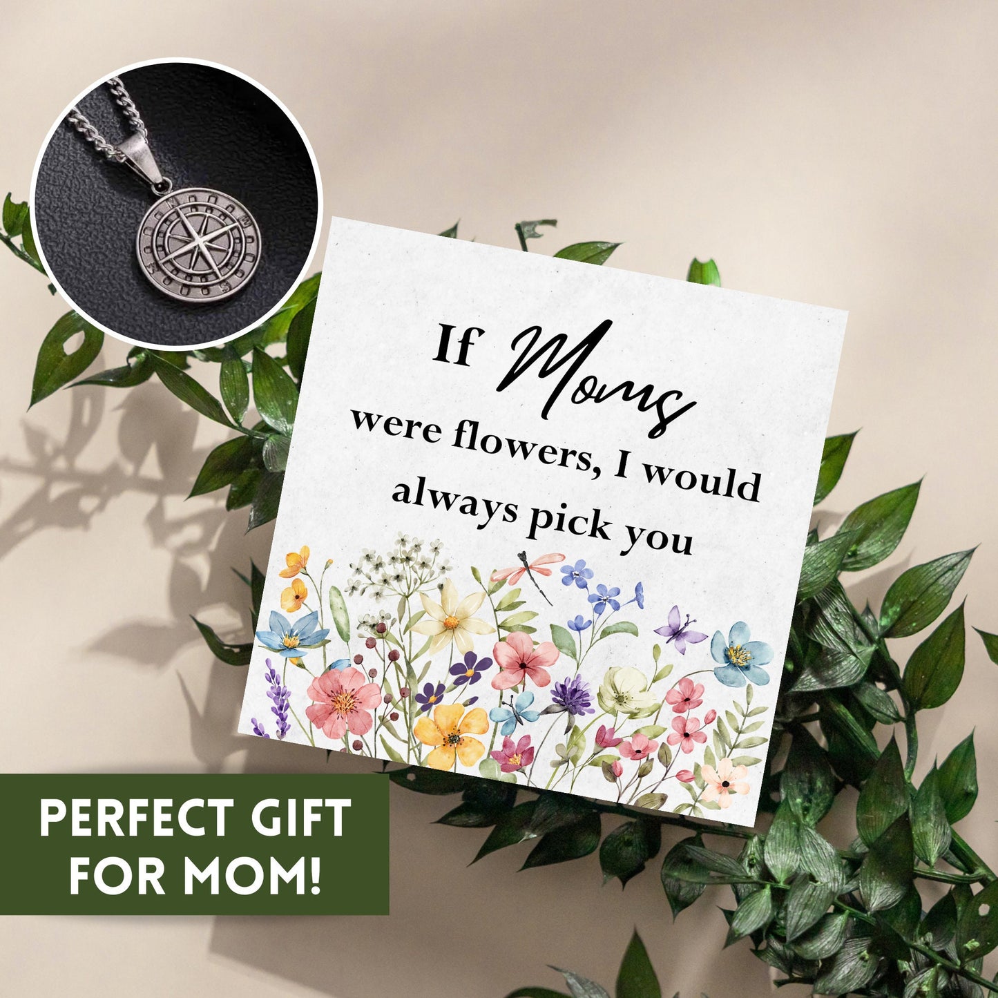 Wildflower Cards Compass Necklace, If you were a flower Iβd pick you Engraved Necklace, Mother's Day Gift Ideas, Birthday Gifts For Her