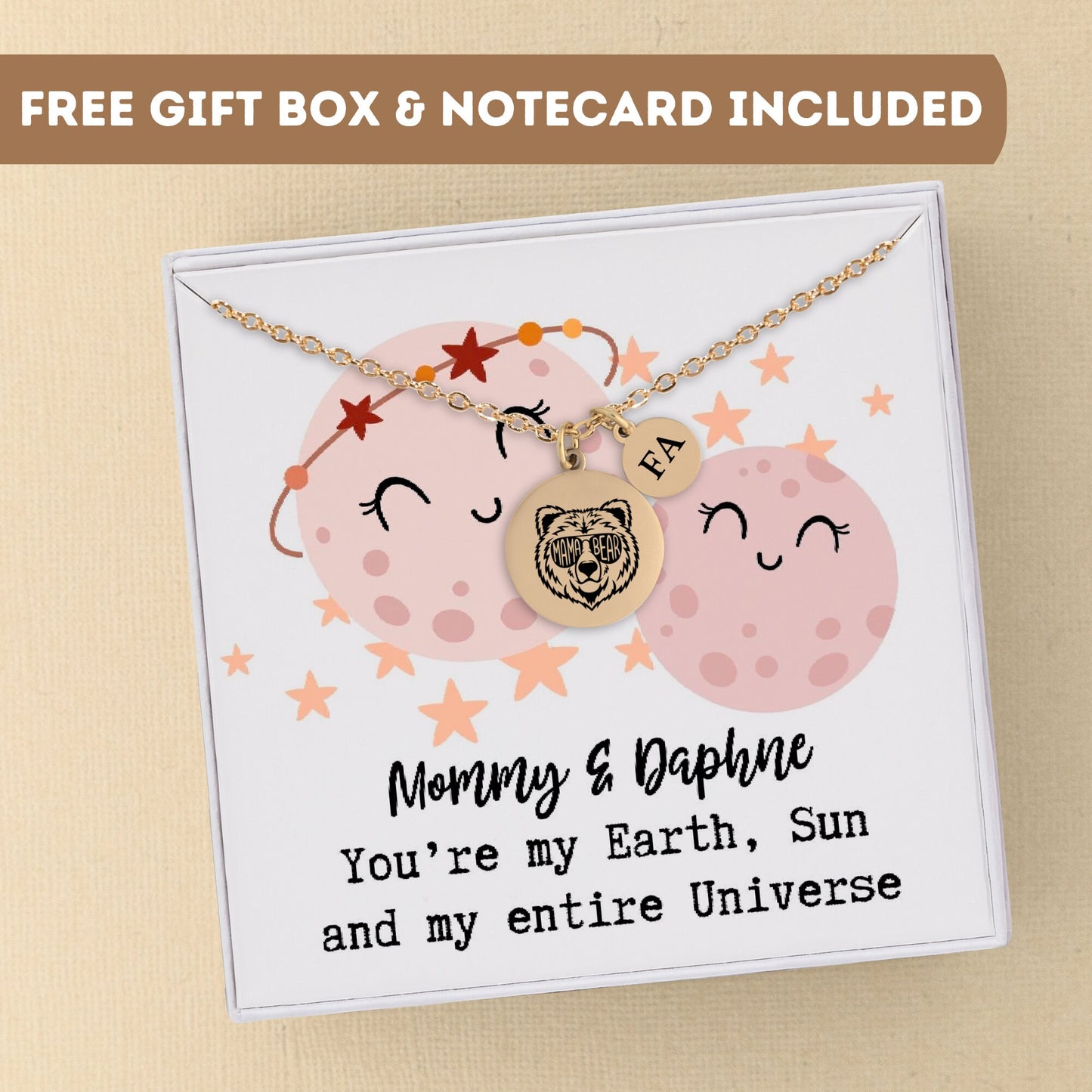 Personalized Mama and Baby Planets Necklace, Mama Bear Jewelry for Grandma, Mother Daughter Bear Pendant, Dainty Mother's Day Gift