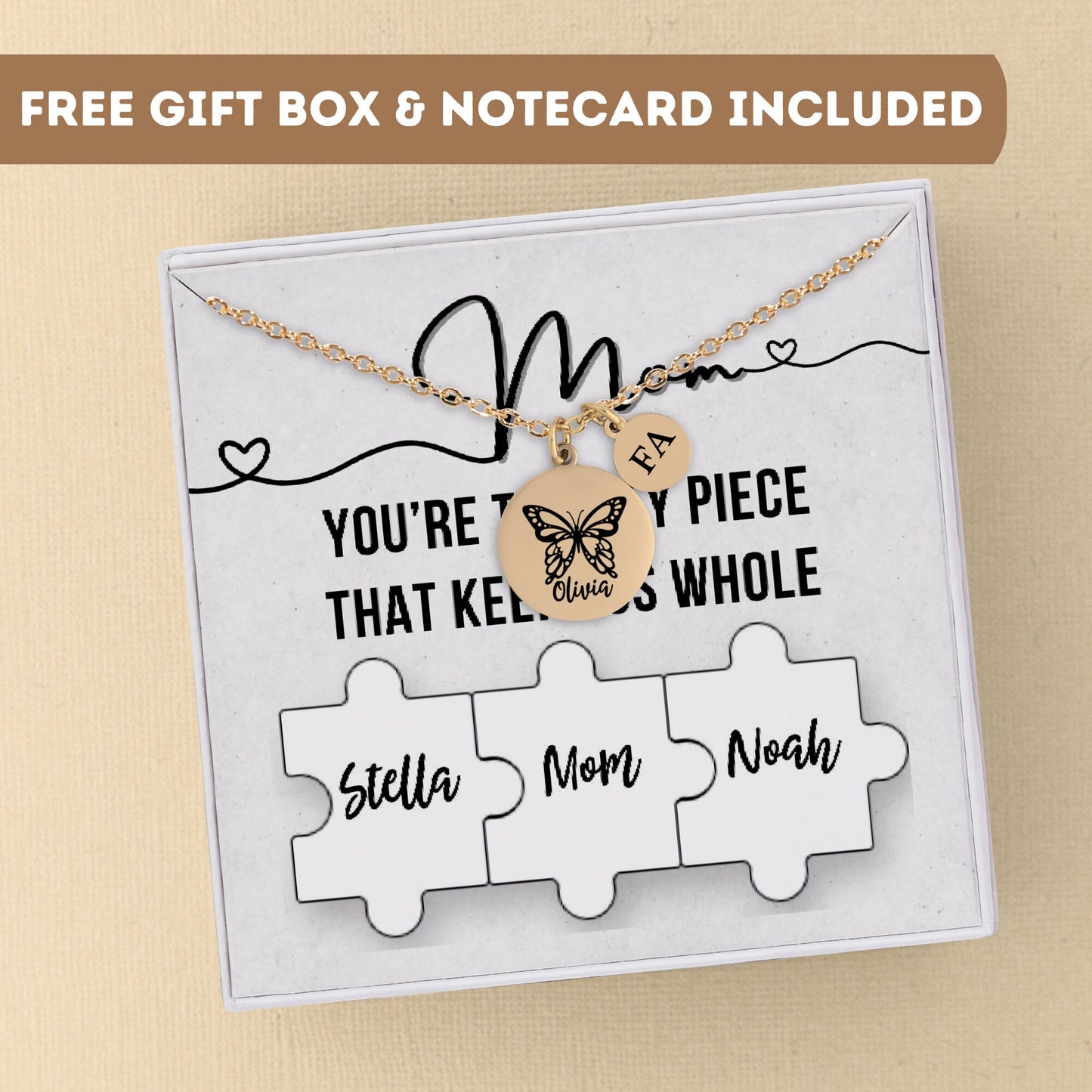 Personalized Mom Butterfly Gift, Custom Mom Necklace, Mom Puzzle Gift, Mom gift, Mom necklace silver, Mother charm necklace, Mom jewelry