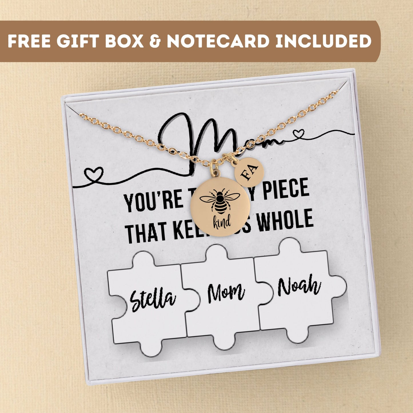 Personalized Bee Kind Necklace for Mom Gift, Mom Puzzle Gift, Mom jewelry, Mom gift, Mom necklace, Mom pendant silver, Mom charm necklace