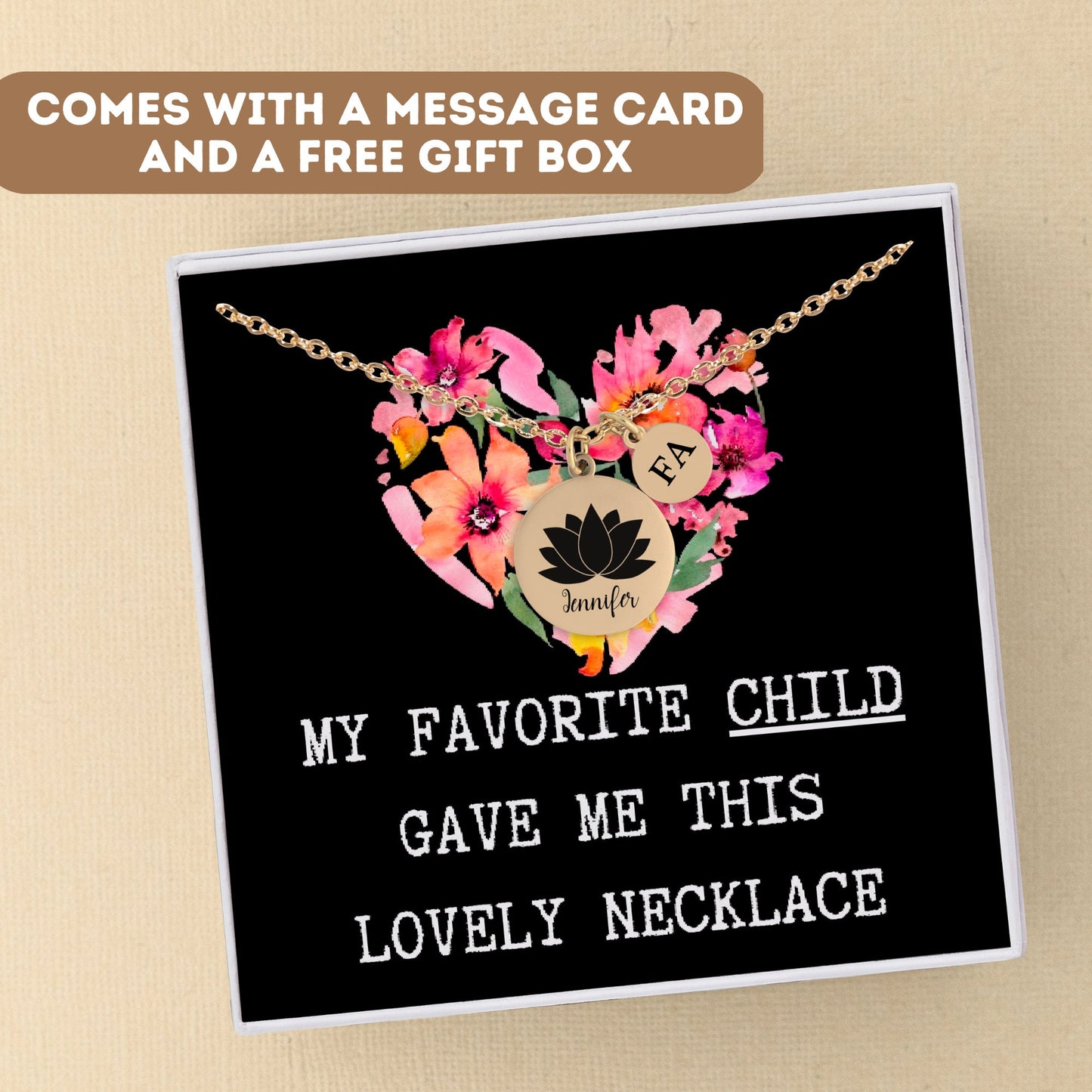 Personalized Necklace for Mom Gift, Lotus Flower Pendant, Lotus Flower Necklace, Mom jewelry, Funny Favorite Child Gift, Mother Charm Gift