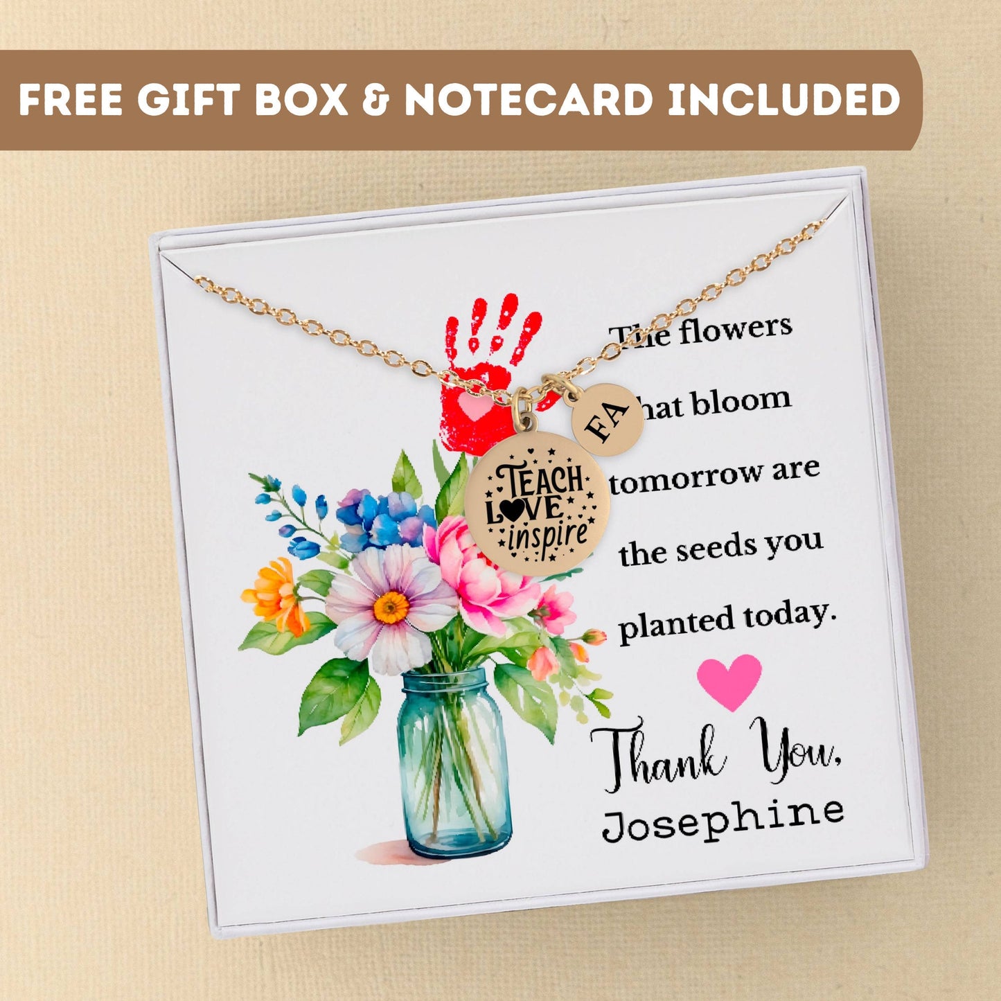 Personalized Teacher Necklace Gift, Floral Teacher Gift, Thank You Teacher, Teacher Appreciation Pendant, Teacher Charm, Gift for Teacher
