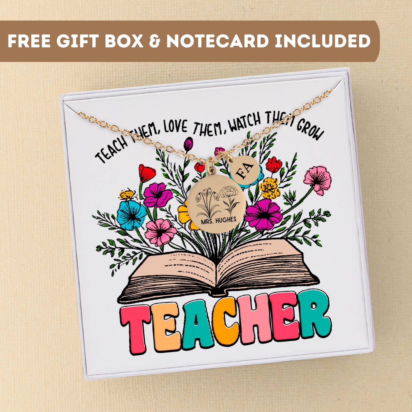 Personalized Teacher Necklace Gift, Thank You Teacher, Teacher Appreciation Pendant, Teacher Charm, Gift for Teacher, Floral Teacher Gift