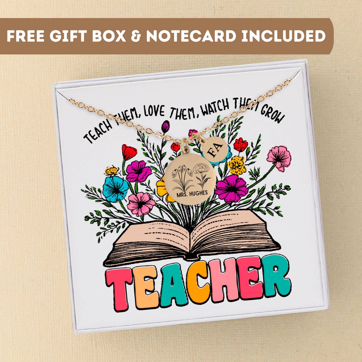 Personalized Teacher Necklace Gift, Thank You Teacher, Teacher Appreciation Pendant, Teacher Charm, Gift for Teacher, Floral Teacher Gift