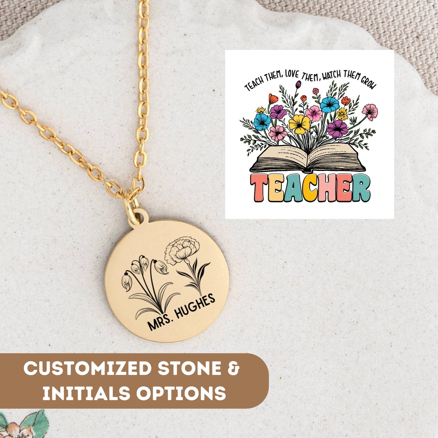 Personalized Teacher Necklace Gift, Thank You Teacher, Teacher Appreciation Pendant, Teacher Charm, Gift for Teacher, Floral Teacher Gift