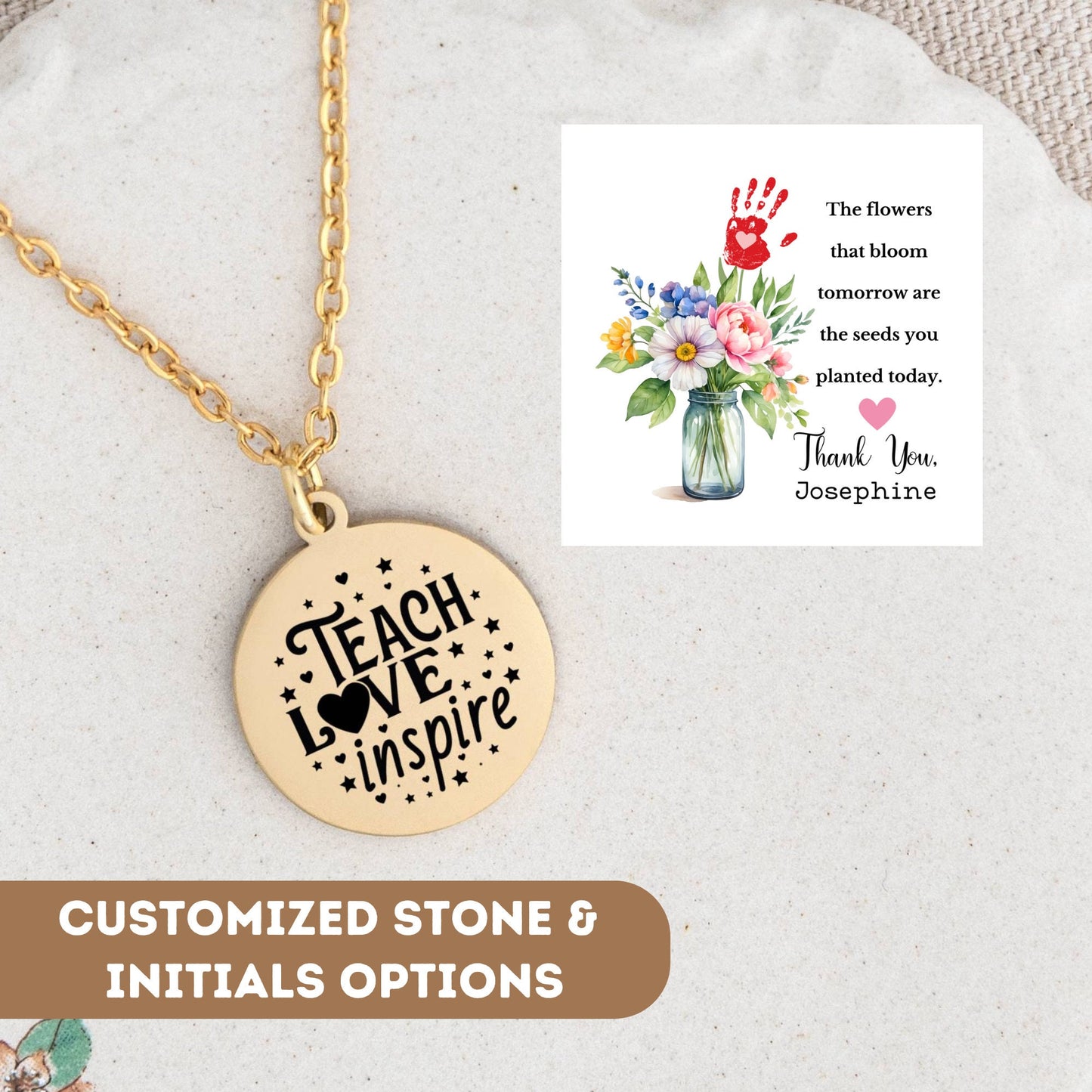 Personalized Teacher Necklace Gift, Floral Teacher Gift, Thank You Teacher, Teacher Appreciation Pendant, Teacher Charm, Gift for Teacher