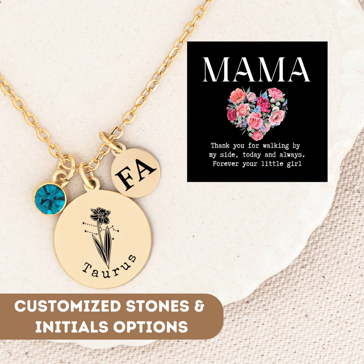 Personalized Birthflower Necklace For Mom Mama, Zodiac Flower Necklace, Birth Flower Necklace, Birthflower Charm, Birthstone Initial Jewelry