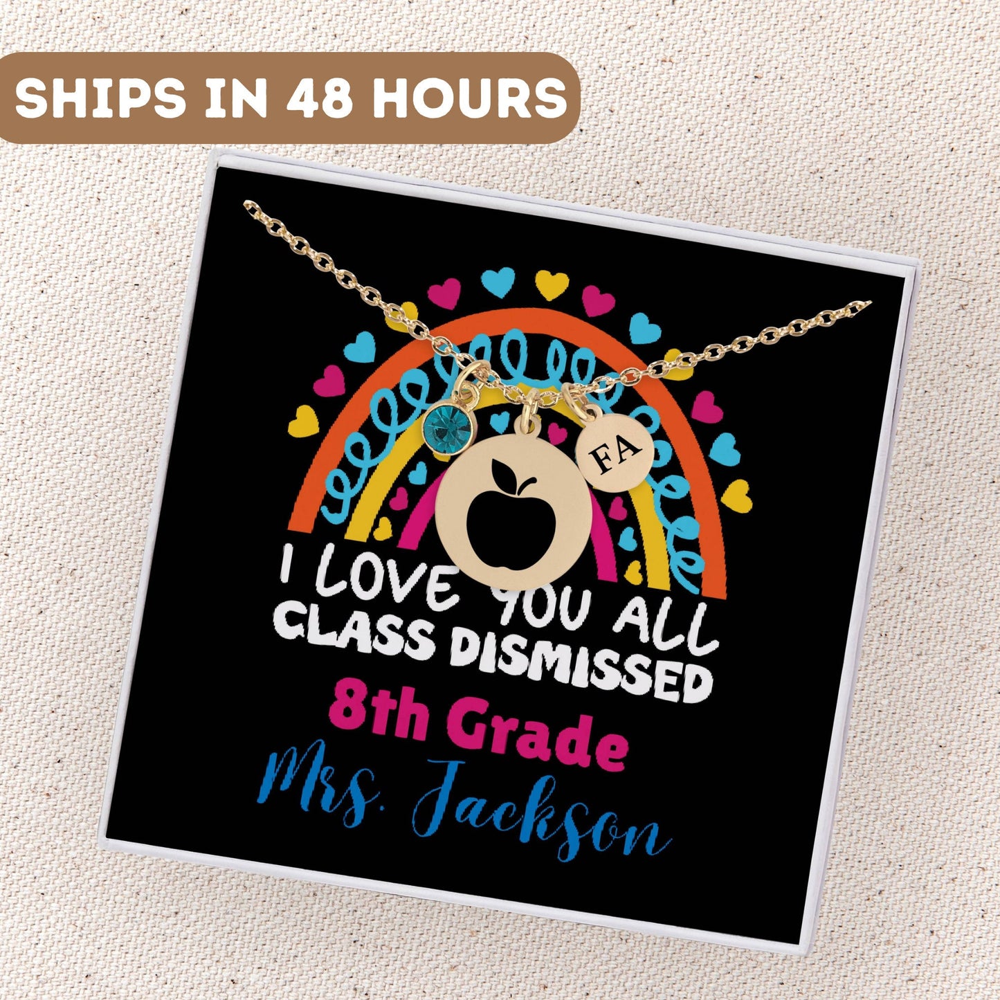 Eighth Grade Teacher Necklace, 8th Grade Teacher Pendant, 8th Grade Thank You Teacher, 8th Grade Teacher Charm, 8th Grade End Of School Gift