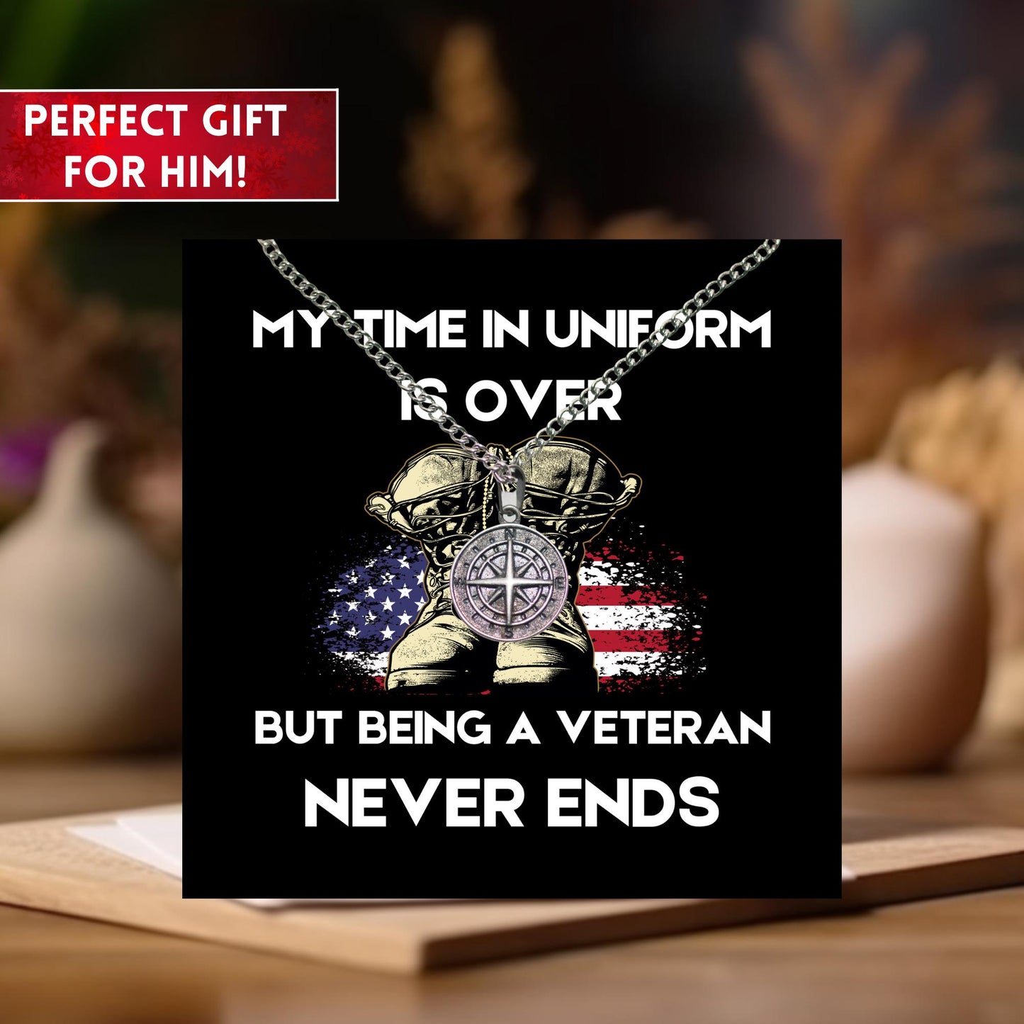 Personalized Veteran Gift, Sentimental USA Flag Engraved Compass Necklace, Long Distance Gift, Military Memorial Gift, Anniversary Gifts