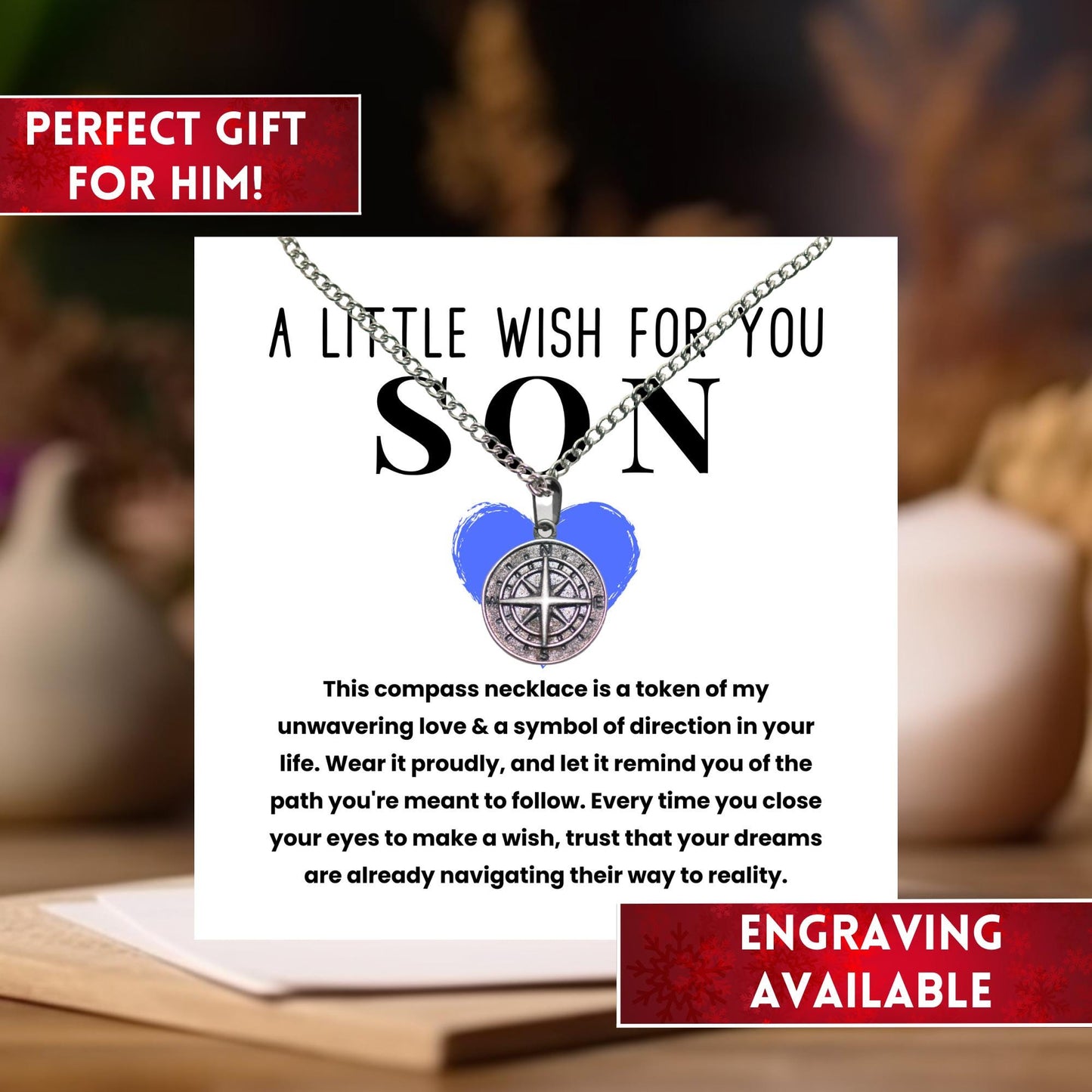 Personalized Compass Necklace, Handwriting Necklace Gifts For Son, Christmas Gifts, Son Stocking Filler, Birthday Gift