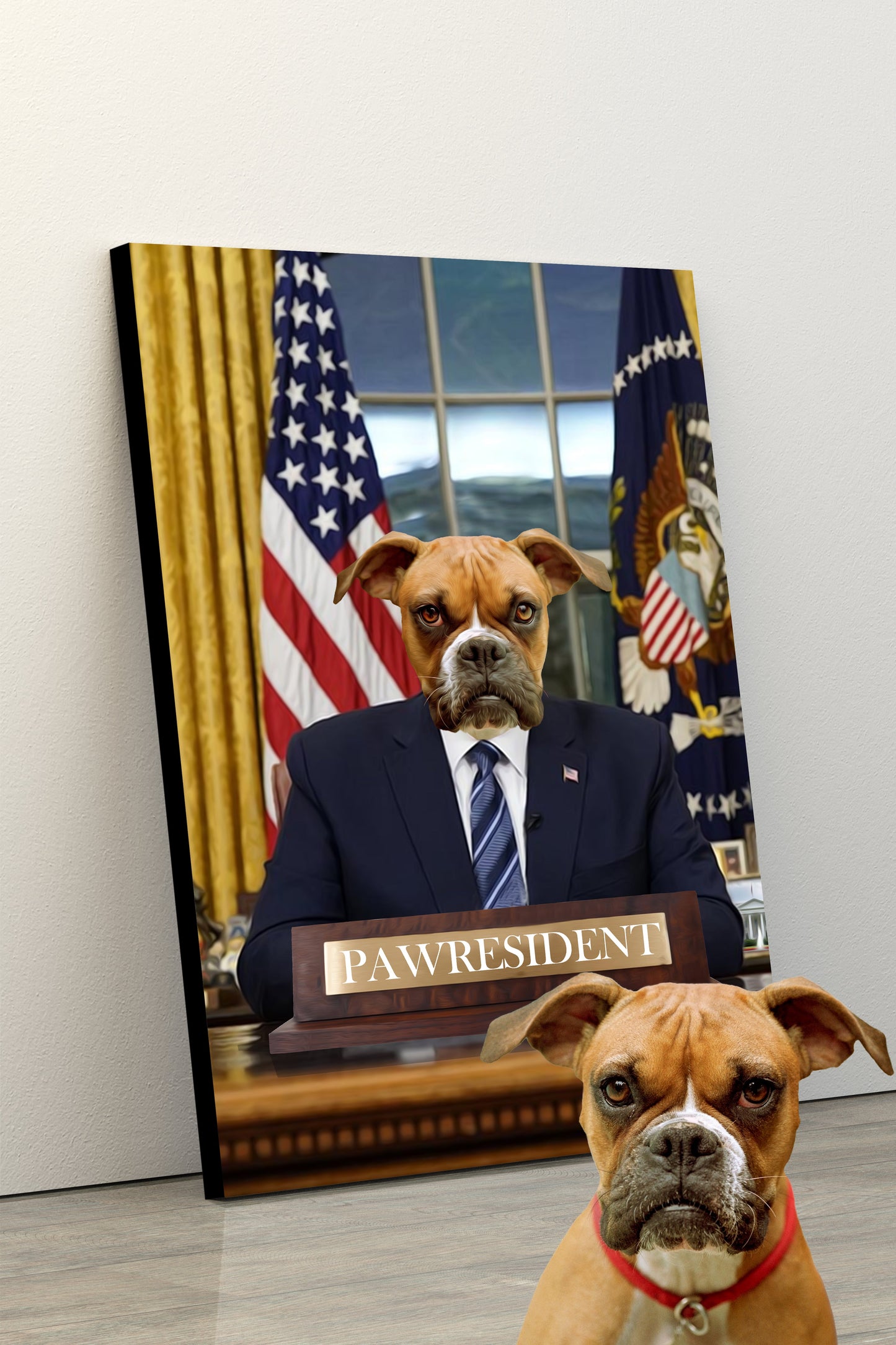 SEE YOUR BELOVED DOG AS THE PAWRESIDENT IN THIS BEAUTIFUL CANVAS
