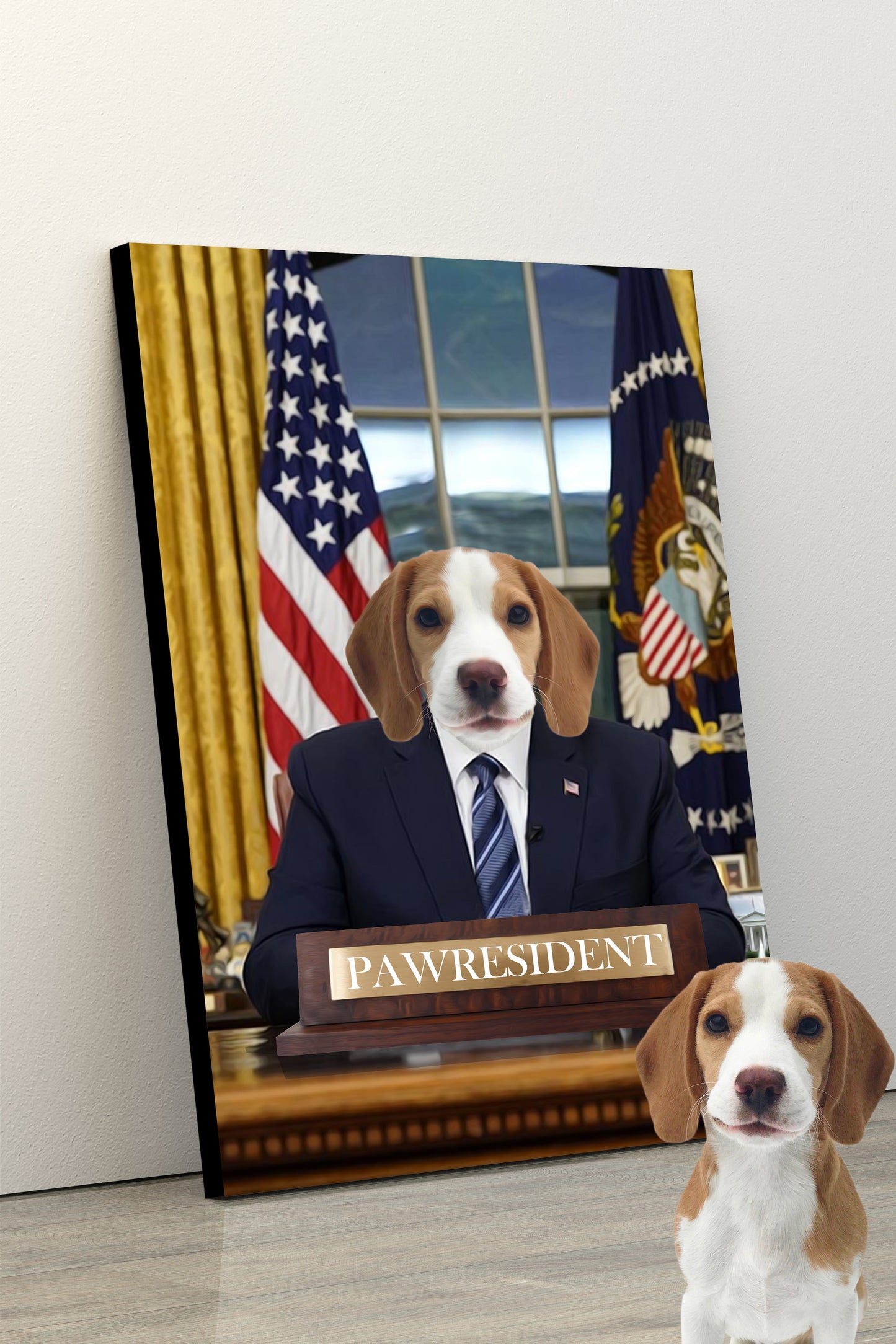 SEE YOUR BELOVED DOG AS THE PAWRESIDENT IN THIS BEAUTIFUL CANVAS