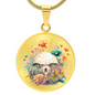 Almost Sold Out - Peach & Blue Florals Mushroom Garden Necklace - Circle Luxury Necklace
