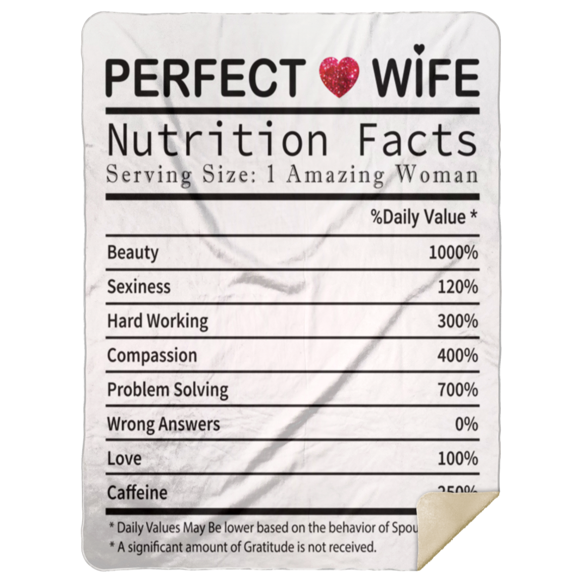 50% OFF SALE - PERFECT WIFE NUTRITIONAL FACTS BLANKET - COZY FLEECE/PREMIUM SHERPA BLANKET