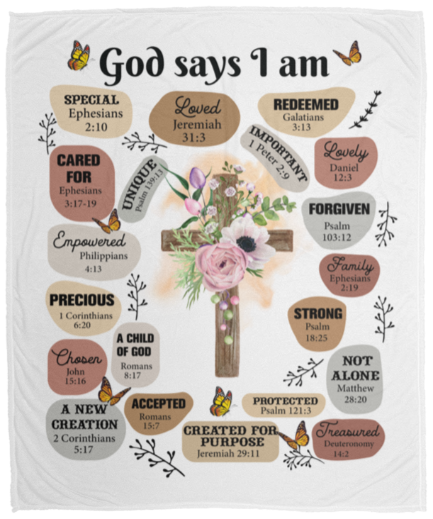 50% OFF SALE - God Says I Am - Cross - COZY FLEECE/PREMIUM SHERPA BLANKET