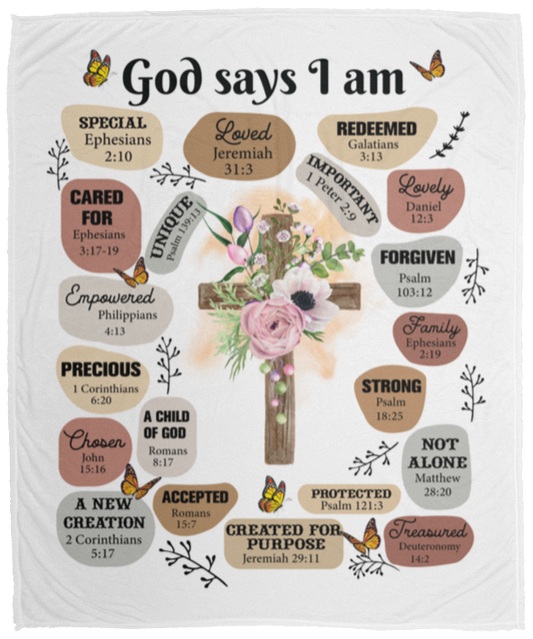 50% OFF SALE - God Says I Am - Cross - COZY FLEECE/PREMIUM SHERPA BLANKET