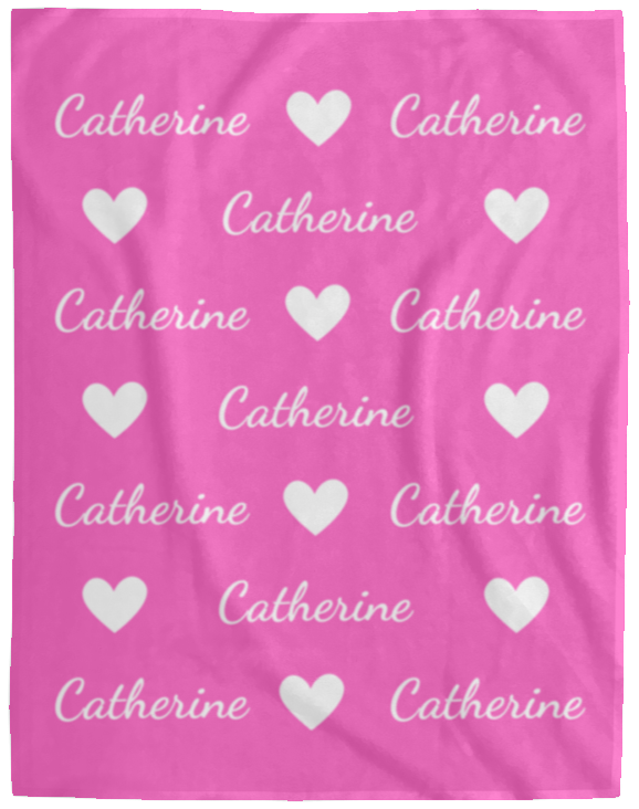 50% OFF SALE -HOT PINK NAME WITH WHITE HEARTS BLANKET - COZY FLEECE/PREMIUM SHERPA BLANKET