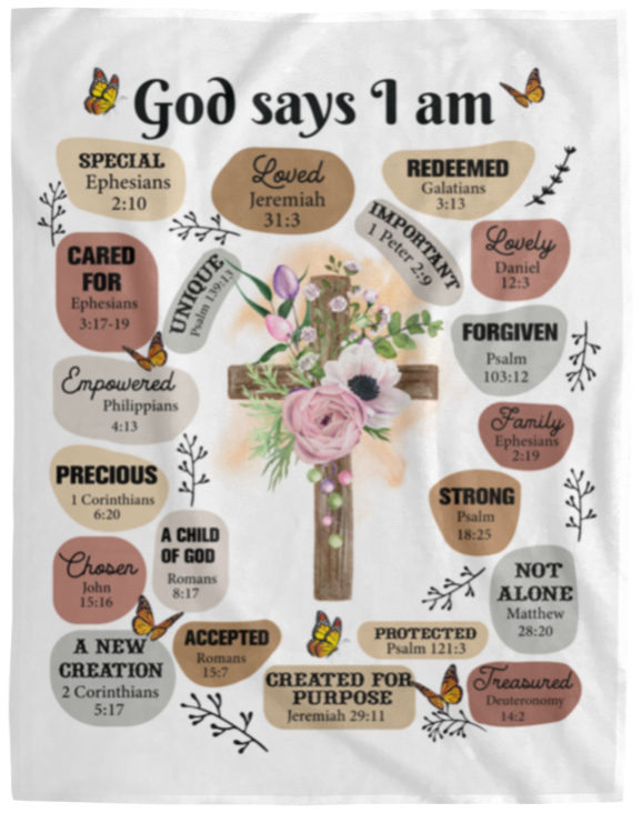 50% OFF SALE - God Says I Am - Cross - COZY FLEECE/PREMIUM SHERPA BLANKET