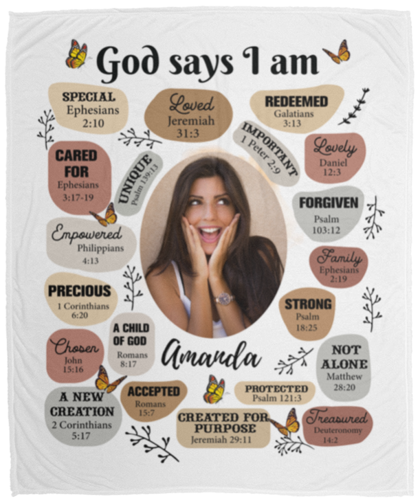 50% OFF SALE - GOD SAYS I AM - PERSONALIZED PICTURE  - COZY FLEECE/PREMIUM SHERPA BLANKET