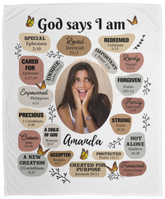 50% OFF SALE - GOD SAYS I AM - PERSONALIZED PICTURE  - COZY FLEECE/PREMIUM SHERPA BLANKET