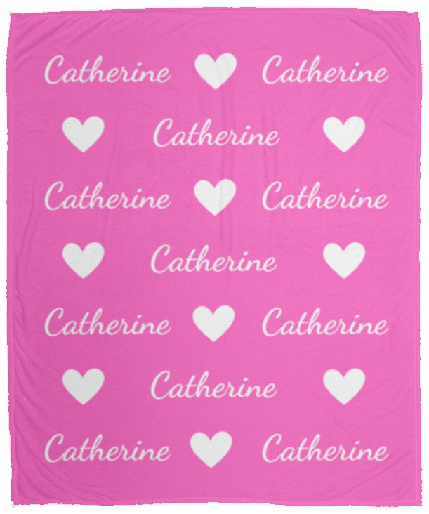 50% OFF SALE -HOT PINK NAME WITH WHITE HEARTS BLANKET - COZY FLEECE/PREMIUM SHERPA BLANKET