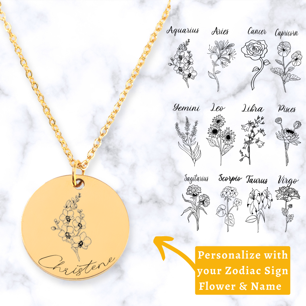 Almost Sold Out - Personalized Zodiac Flower Engraved Necklace