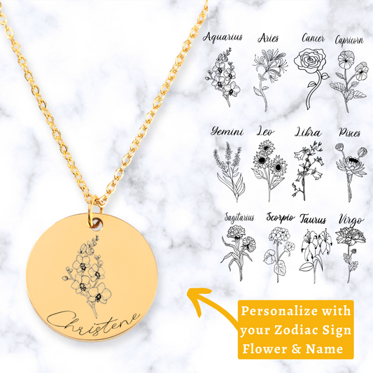 Almost Sold Out - Personalized Zodiac Flower Engraved Necklace