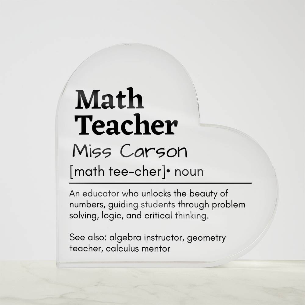 Personalized Math Teacher Printed Heart Shaped Acrylic Plaque