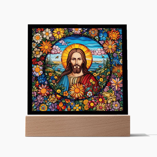 Almost Sold Out - Jesus with Flower Background - Acrylic Plaque with Stand