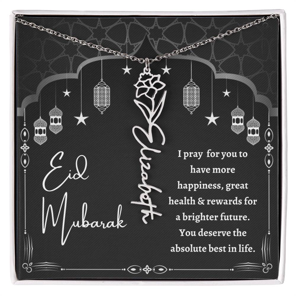 [Almost Sold Out] Black and White I Pray You Have More Happiness Eid Mubarak Flower Name Necklace