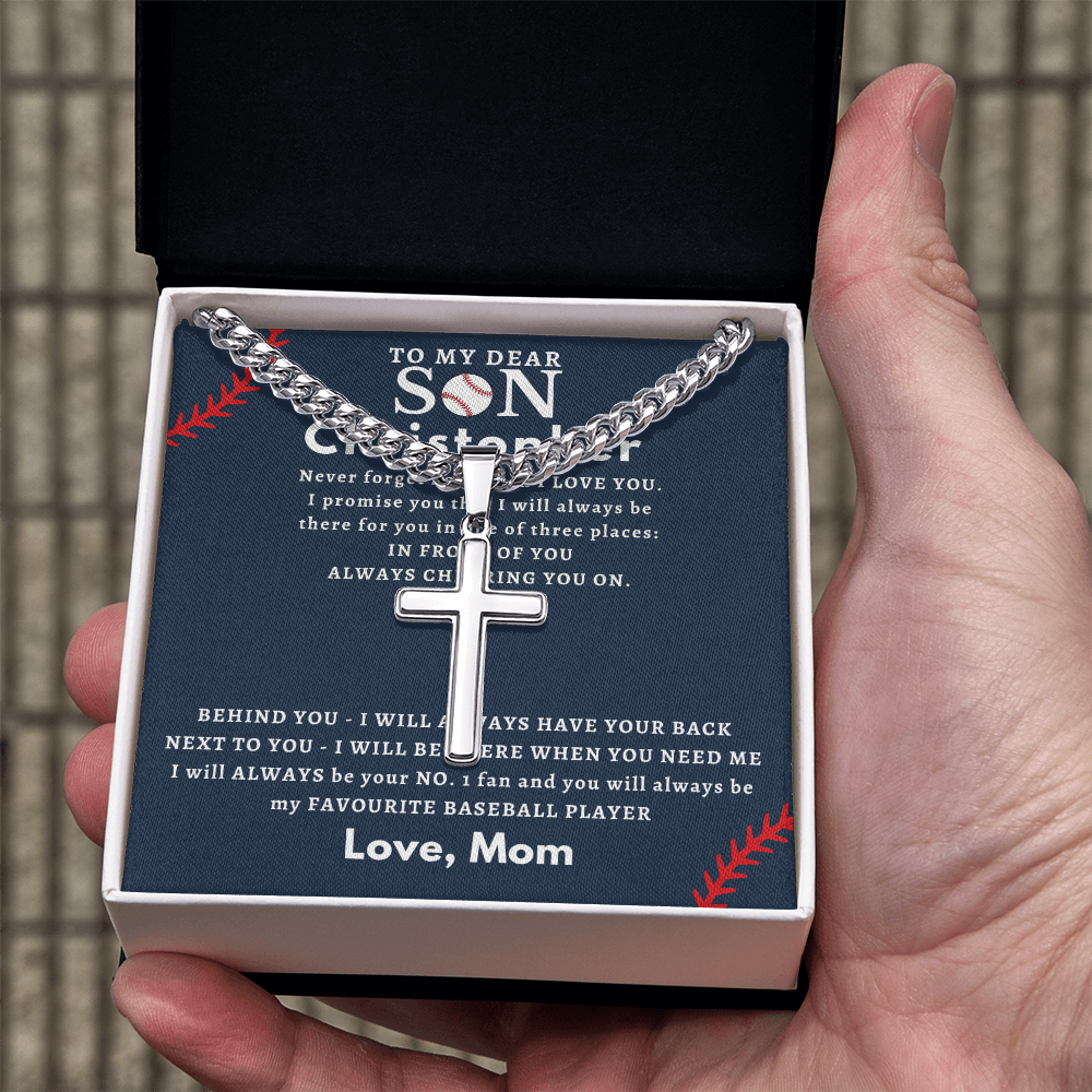Personalized Gift for Son Who Loves Baseball - Cuban Chain Necklace with Cross