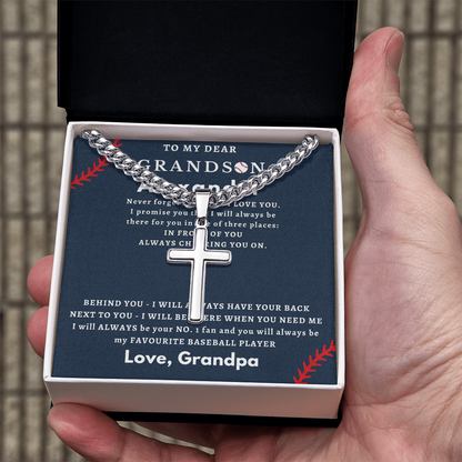 Personalized Gift for Grandson Who Loves Baseball - Cuban Chain Necklace with Cross
