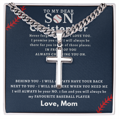 Personalized Gift for Son Who Loves Baseball - Cuban Chain Necklace with Cross