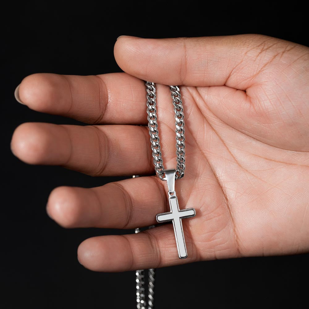 Personalized Gift for Son Who Loves Baseball - Cuban Chain Necklace with Cross