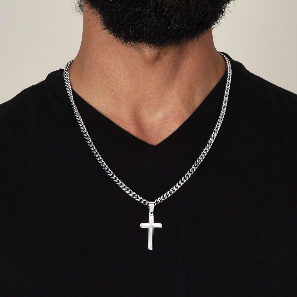 Personalized Gift for Son Who Loves Baseball - Cuban Chain Necklace with Cross