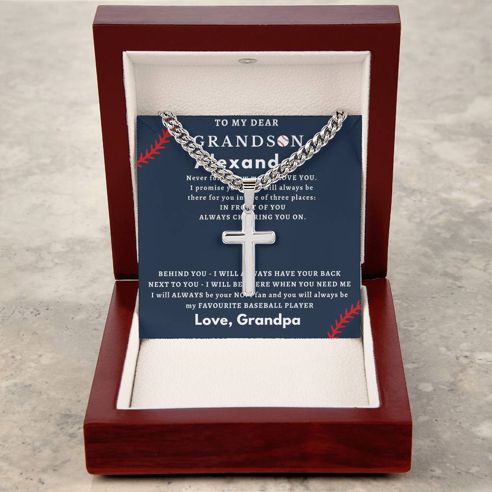 Personalized Gift for Grandson Who Loves Baseball - Cuban Chain Necklace with Cross