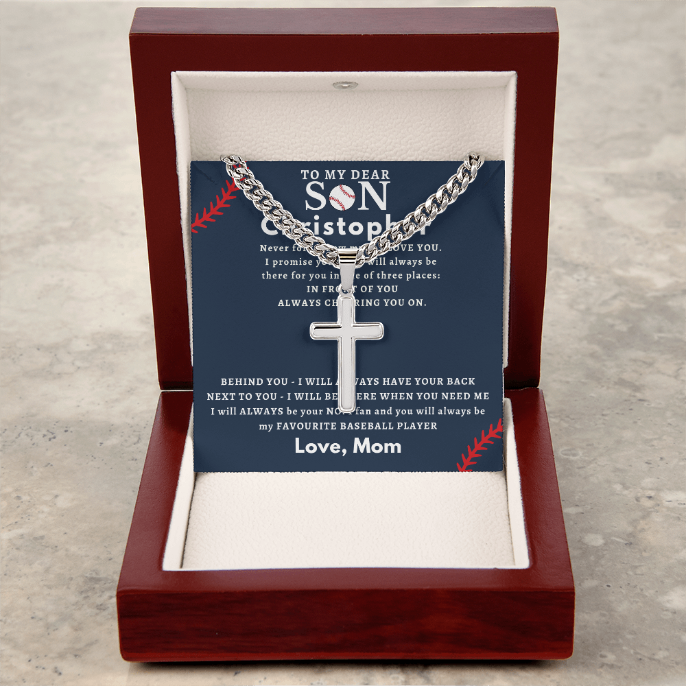Personalized Gift for Son Who Loves Baseball - Cuban Chain Necklace with Cross