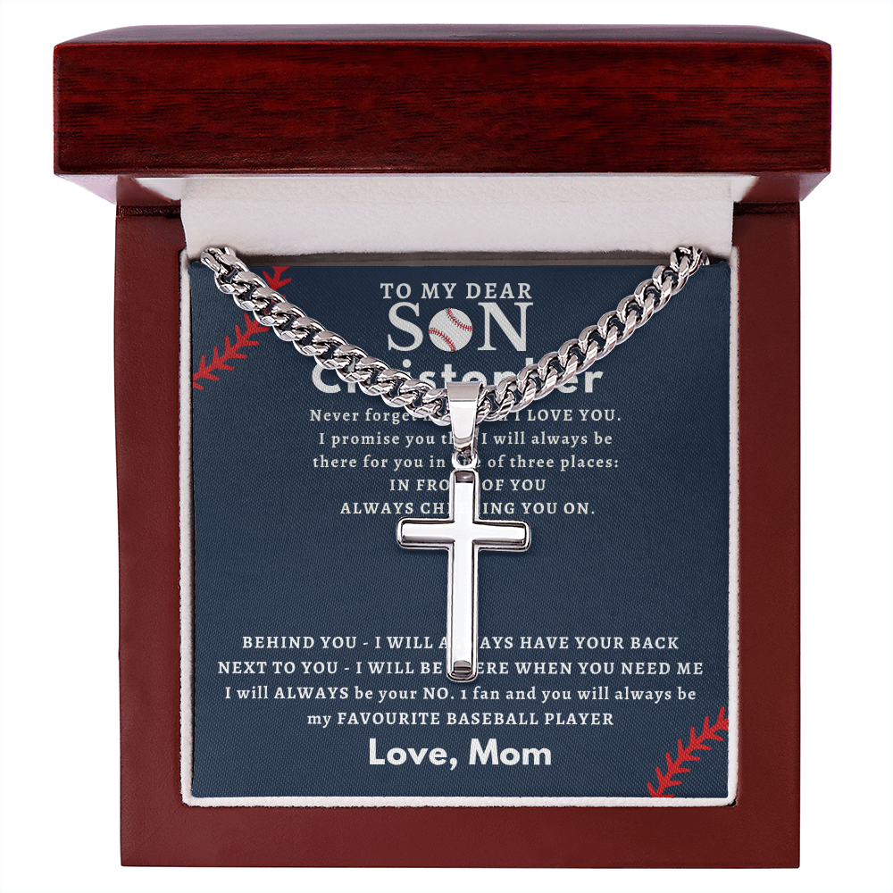 Personalized Gift for Son Who Loves Baseball - Cuban Chain Necklace with Cross