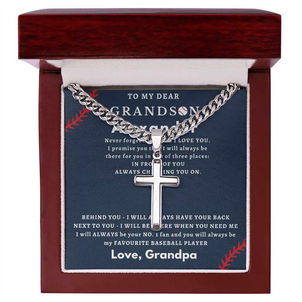 Personalized Gift for Grandson Who Loves Baseball - Cuban Chain Necklace with Cross