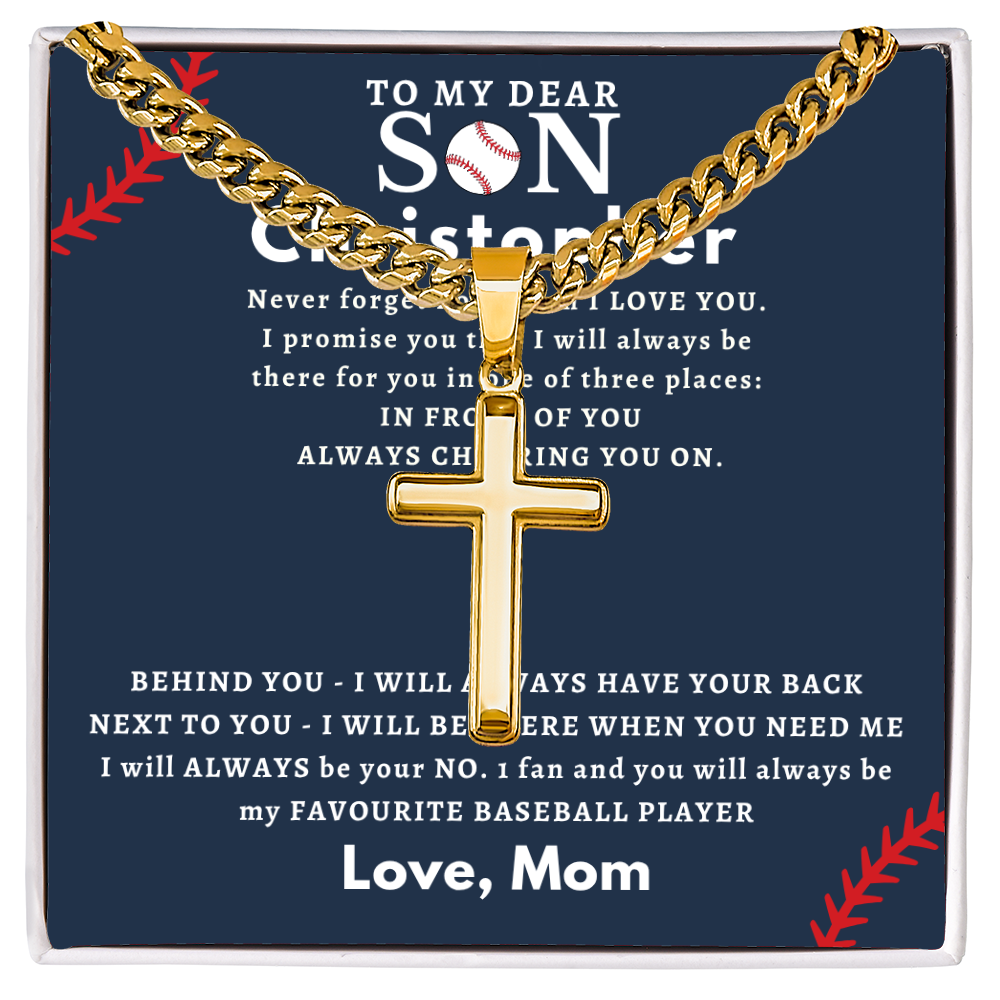 Personalized Gift for Son Who Loves Baseball - Cuban Chain Necklace with Cross